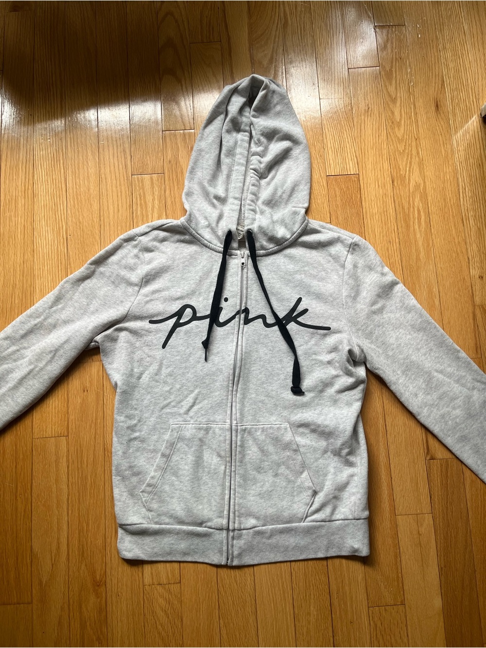 PINK Victoria's Secret Light Gray Hoodie with Black Drawstring